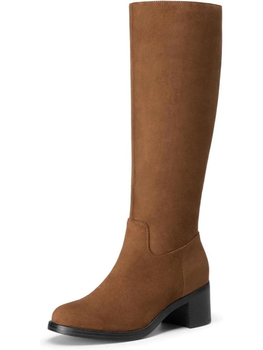 Women's Brown Suede Chunky Heel Round Toe Pu Suede Side Zipper Knee High Boots